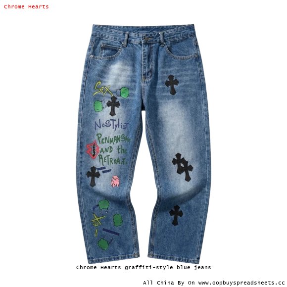 Chrome Hearts graffiti-style blue jeans