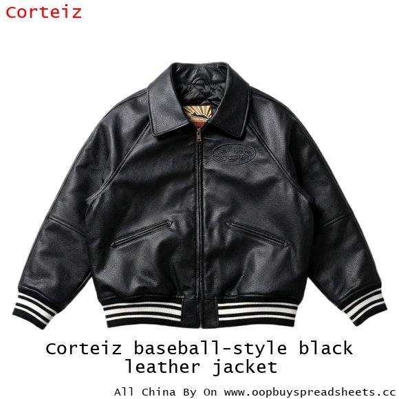 Corteiz baseball-style black leather jacket