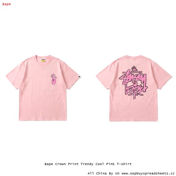 Bape Crown Print Trendy Cool Pink T-shirt