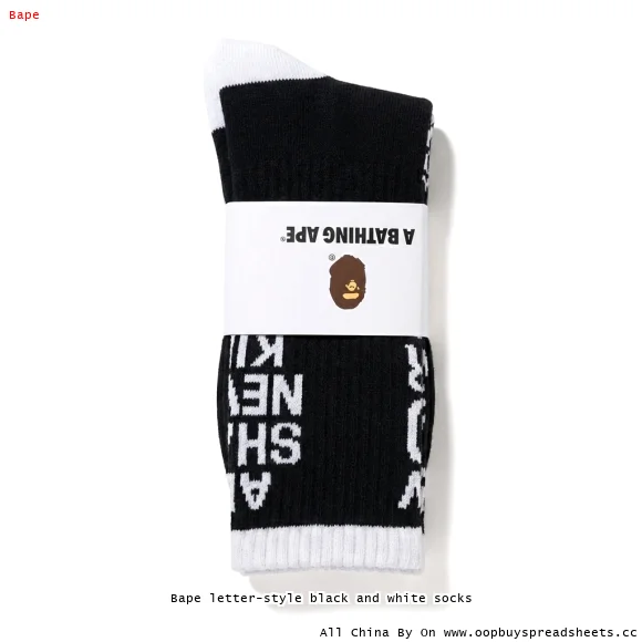 Bape letter-style black and white socks