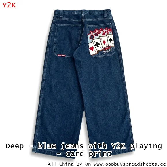 Deep - blue jeans with Y2K playing - card print