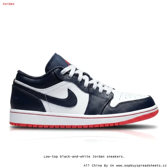 Low-top black-and-white Jordan sneakers.