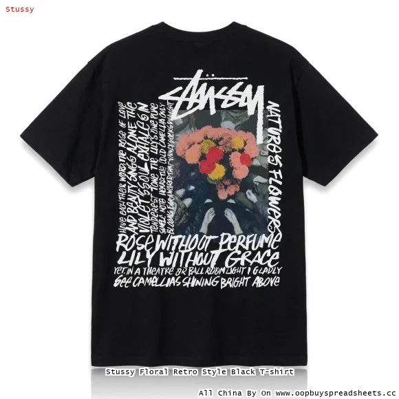 Stussy Floral Retro Style Black T-shirt