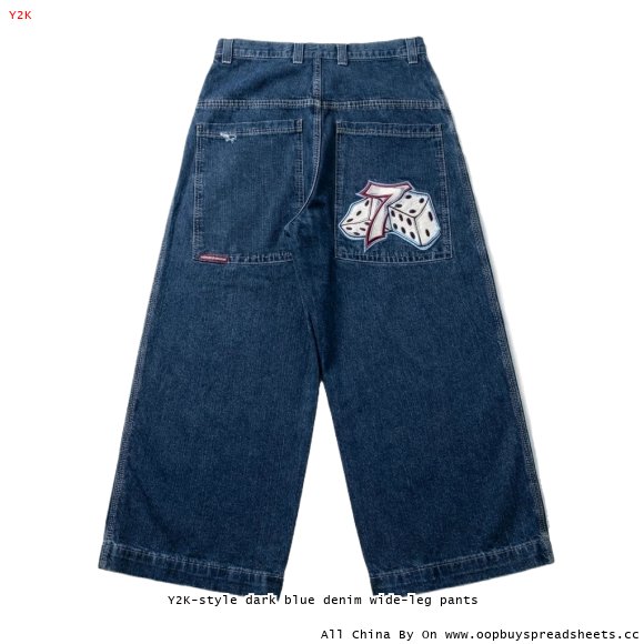 Y2K-style dark blue denim wide-leg pants