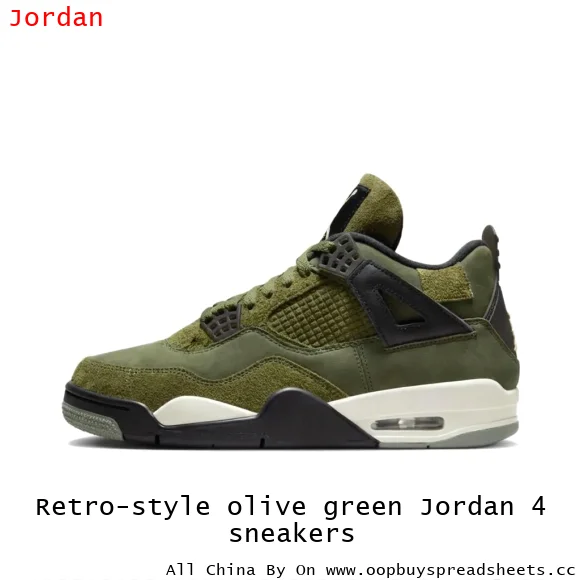 Retro-style olive green Jordan 4 sneakers