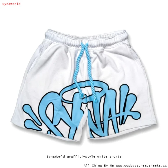 SynaWorld graffiti-style white shorts