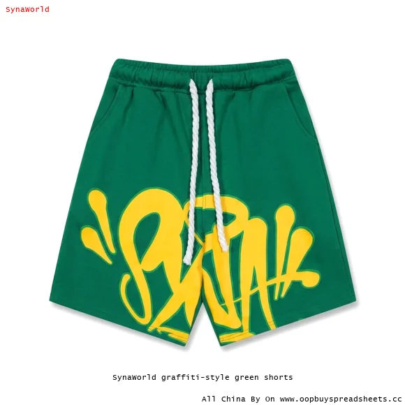 SynaWorld graffiti-style green shorts