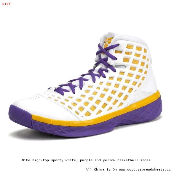 Nike high-top sporty white, purple and yellow basketball shoes