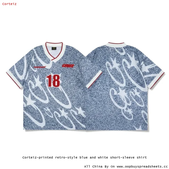 Corteiz-printed retro-style blue and white short-sleeve shirt