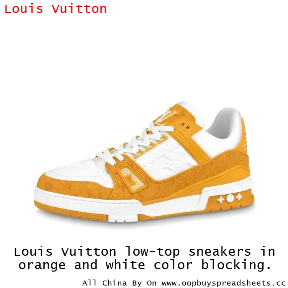 Louis Vuitton low-top sneakers in orange and white color blocking.