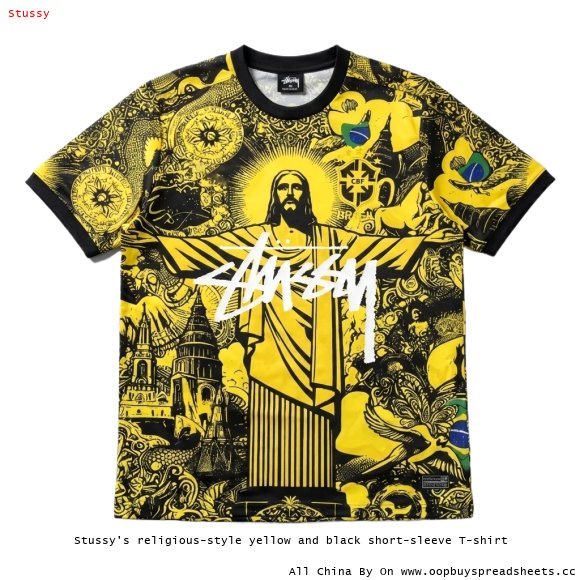 Stussy's religious-style yellow and black short-sleeve T-shirt