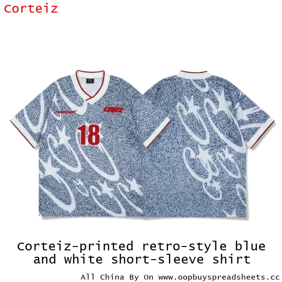 Corteiz-printed retro-style blue and white short-sleeve shirt