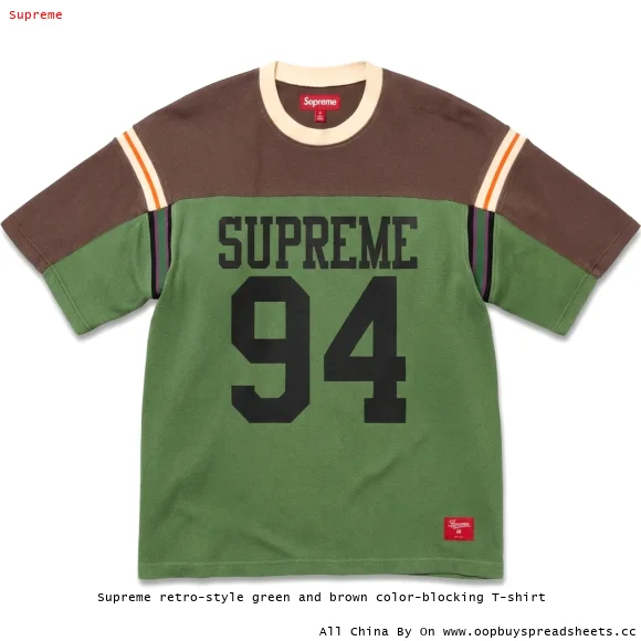 Supreme retro-style green and brown color-blocking T-shirt