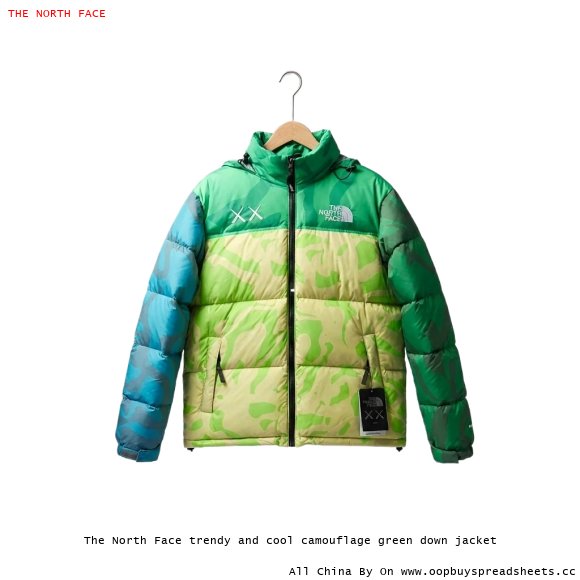 The North Face trendy and cool camouflage green down jacket
