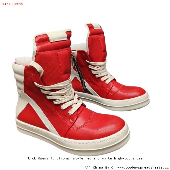 Rick Owens functional style red and white high-top shoes