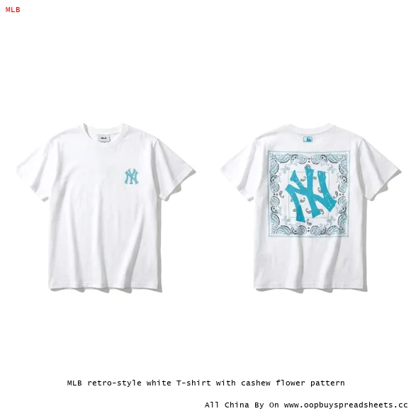 MLB retro-style white T-shirt with cashew flower pattern