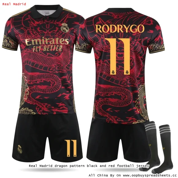 Real Madrid dragon pattern black and red football jersey