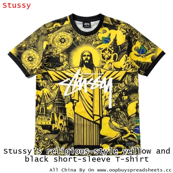 Stussy's religious-style yellow and black short-sleeve T-shirt