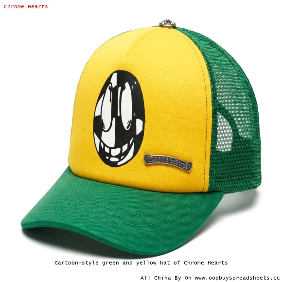Cartoon-style green and yellow hat of Chrome Hearts