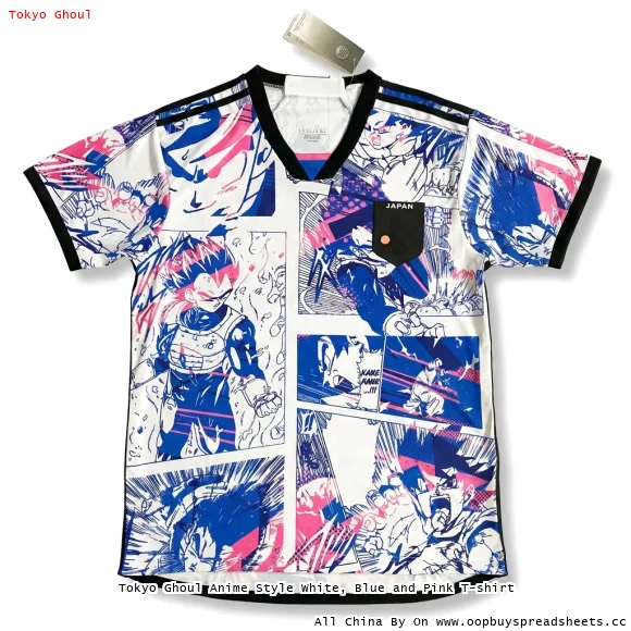 Tokyo Ghoul Anime Style White, Blue and Pink T-shirt