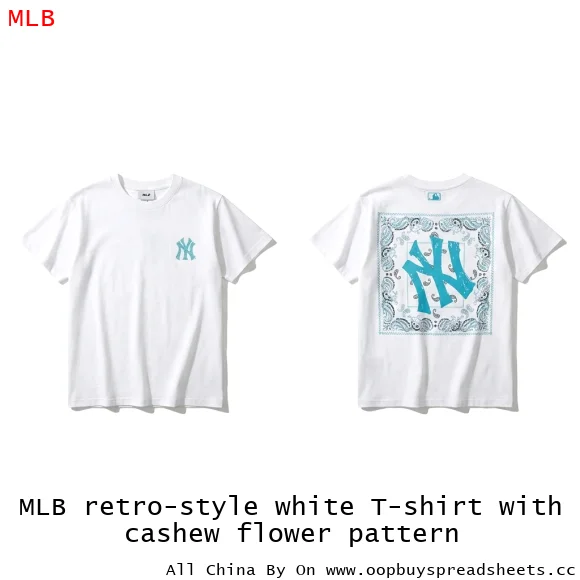 MLB retro-style white T-shirt with cashew flower pattern