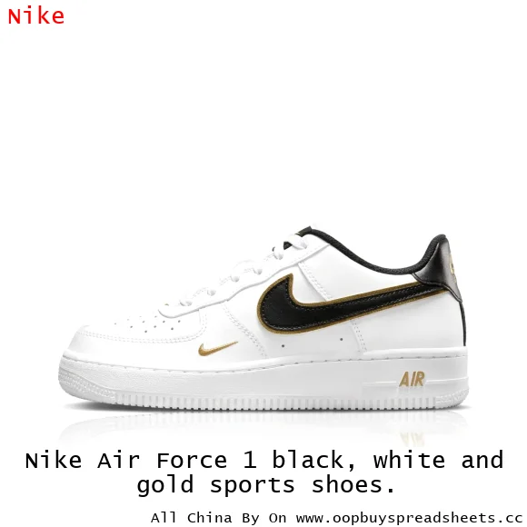 Nike Air Force 1 black, white and gold sports shoes.