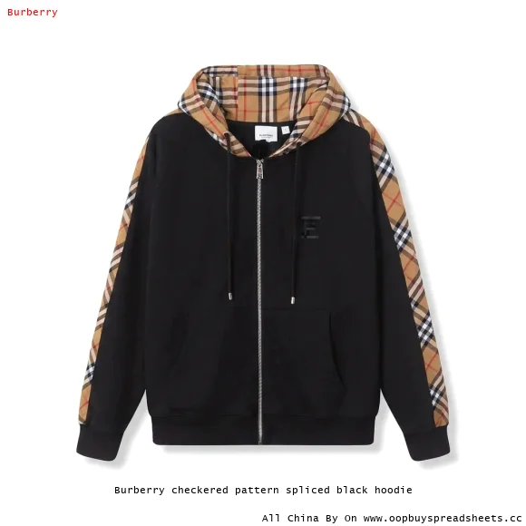 Burberry checkered pattern spliced black hoodie