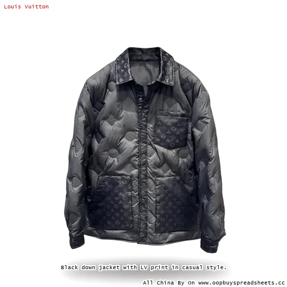 Black down jacket with LV print in casual style.