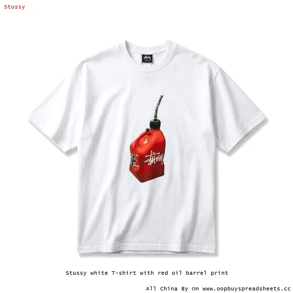 Stussy white T-shirt with red oil barrel print
