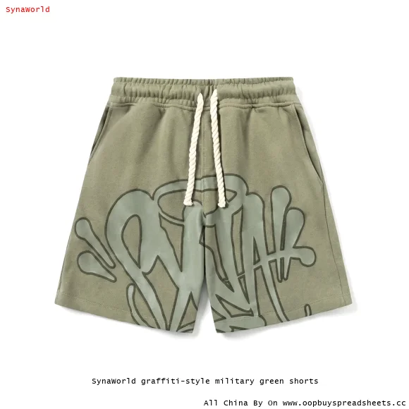 SynaWorld graffiti-style military green shorts