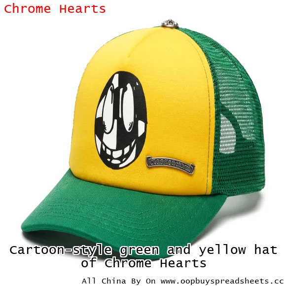 Cartoon-style green and yellow hat of Chrome Hearts