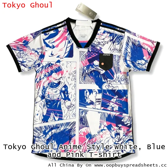Tokyo Ghoul Anime Style White, Blue and Pink T-shirt