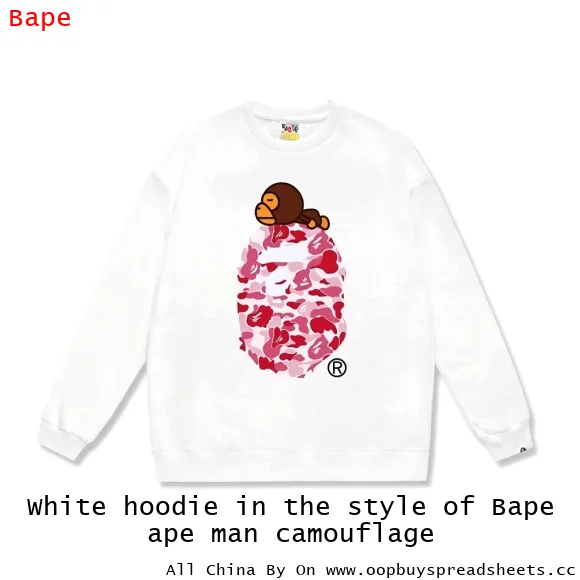 White hoodie in the style of Bape ape man camouflage