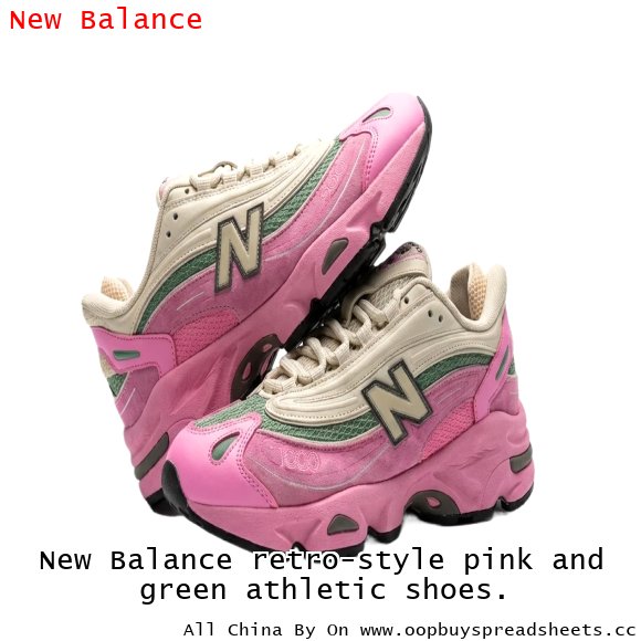 New Balance retro-style pink and green athletic shoes.