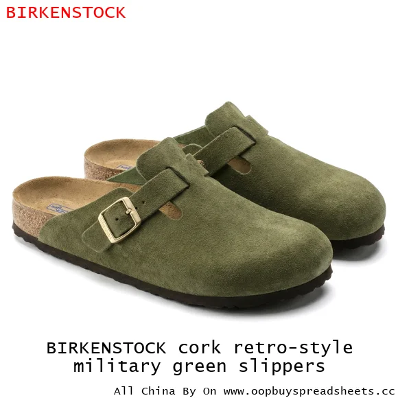 BIRKENSTOCK cork retro-style military green slippers