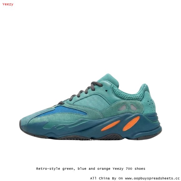 Retro-style green, blue and orange Yeezy 700 shoes
