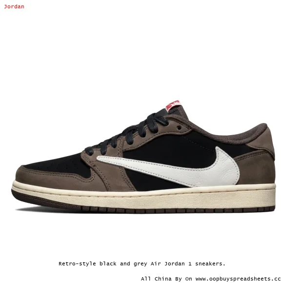 Retro-style black and grey Air Jordan 1 sneakers.