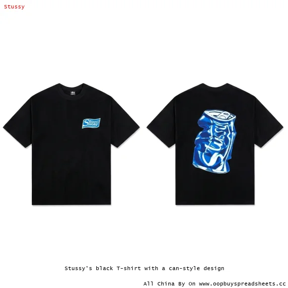 Stussy's black T-shirt with a can-style design
