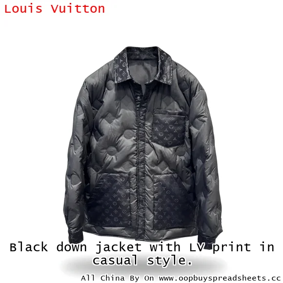 Black down jacket with LV print in casual style.
