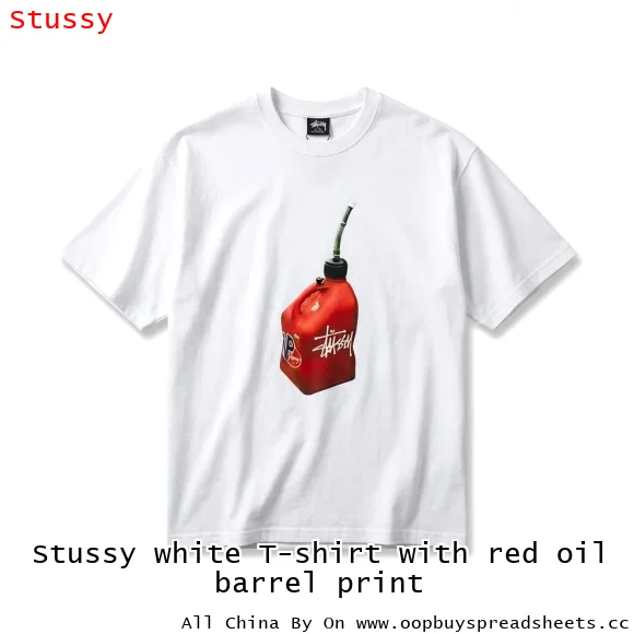 Stussy white T-shirt with red oil barrel print