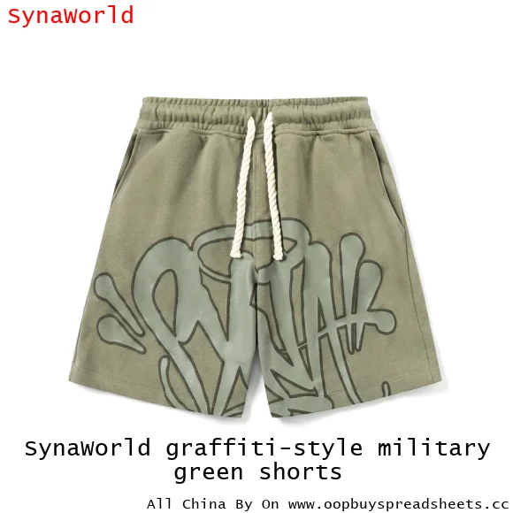 SynaWorld graffiti-style military green shorts
