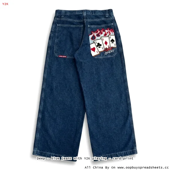 Deep - blue jeans with Y2K playing - card print