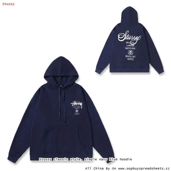 Stussy classic style, simple navy blue hoodie