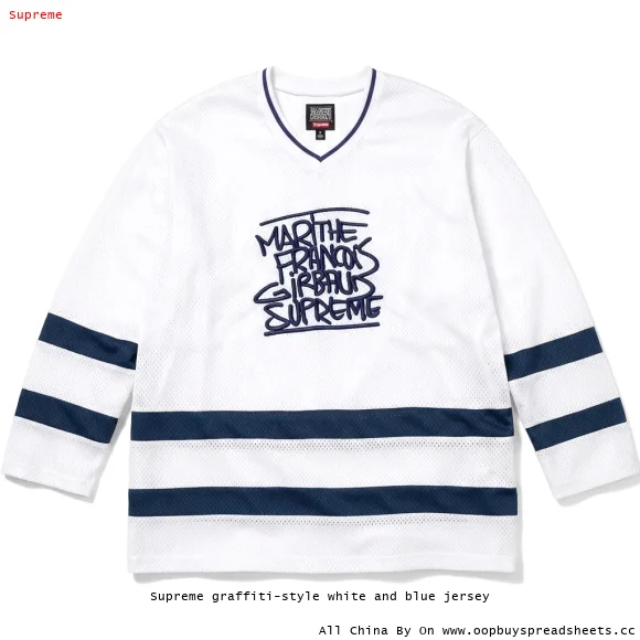 Supreme graffiti-style white and blue jersey