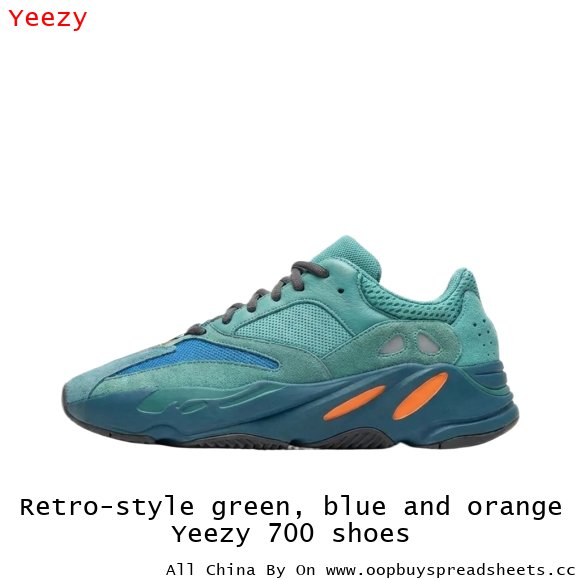 Retro-style green, blue and orange Yeezy 700 shoes
