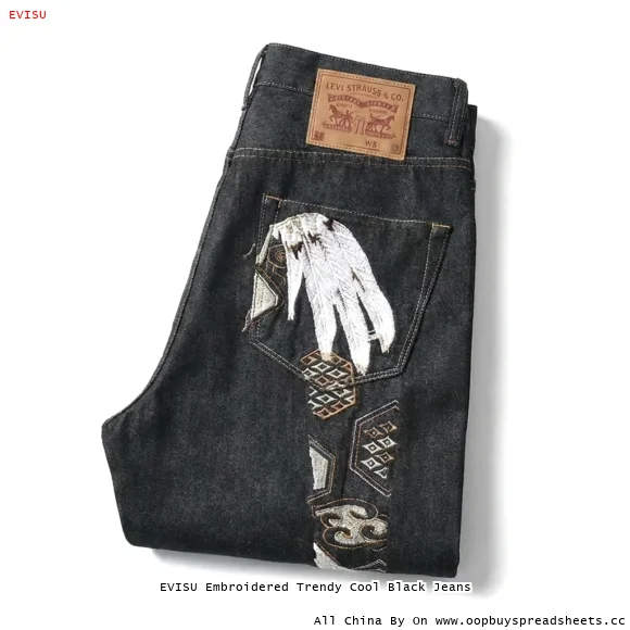 EVISU Embroidered Trendy Cool Black Jeans