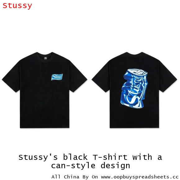 Stussy's black T-shirt with a can-style design