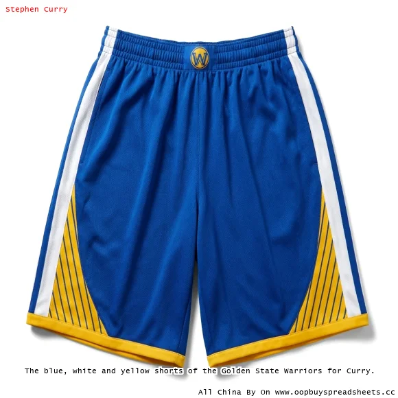 The blue, white and yellow shorts of the Golden State Warriors for Curry.