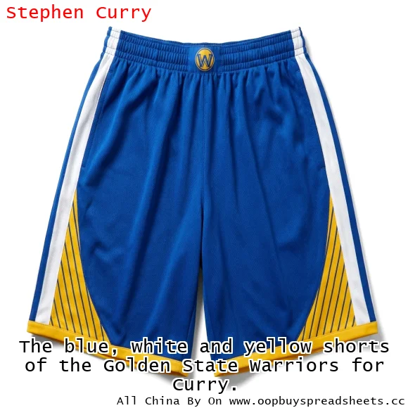 The blue, white and yellow shorts of the Golden State Warriors for Curry.