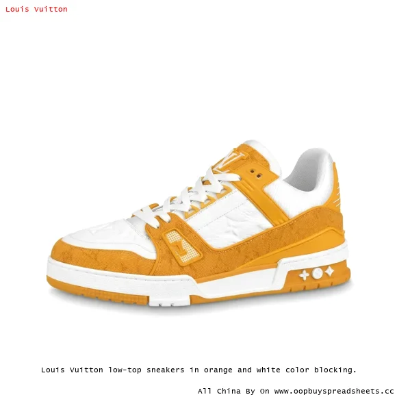 Louis Vuitton low-top sneakers in orange and white color blocking.